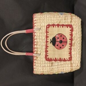 Vintage Woven corn husk bag/purse Red white ladybug top zipper floral